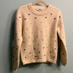 Loft Women's Cream Sweater with Purple and Blue Accents size XS
